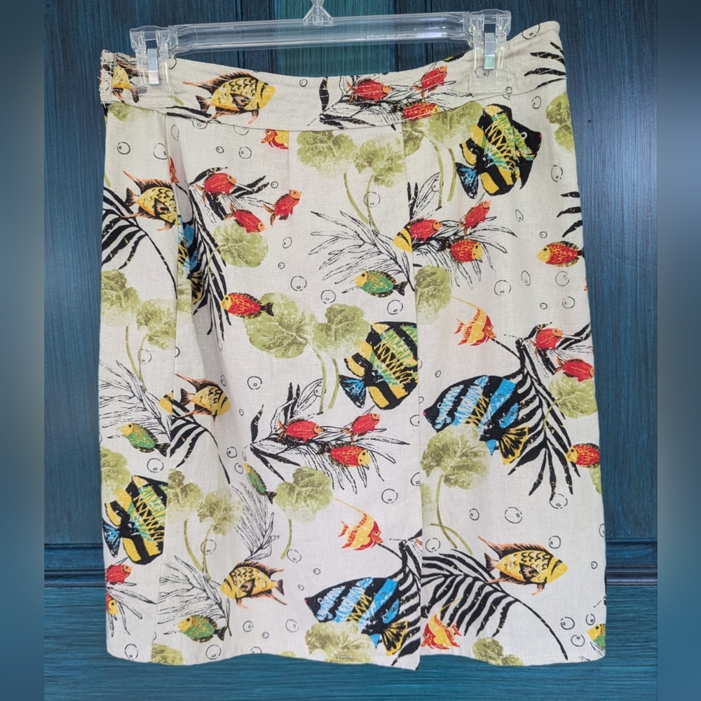 Vintage Tropical Fish Print Linen Rayon Faux Wrap Skirt | Size 6P, 14.5” Waist